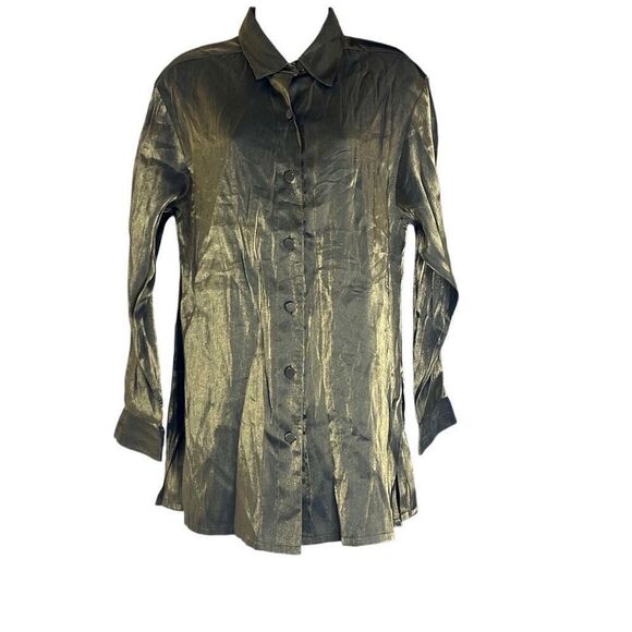 JR Nites by Caliendo Gold Metallic Button Down Blouse Medium Dressy Glam Evening - Picture 1 of 9